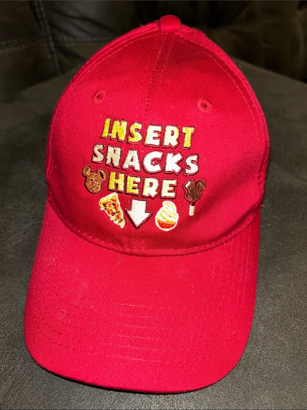 Disney Parks Red Insert Snacks Here Vacation Cotton Baseball Cap Hat Adults